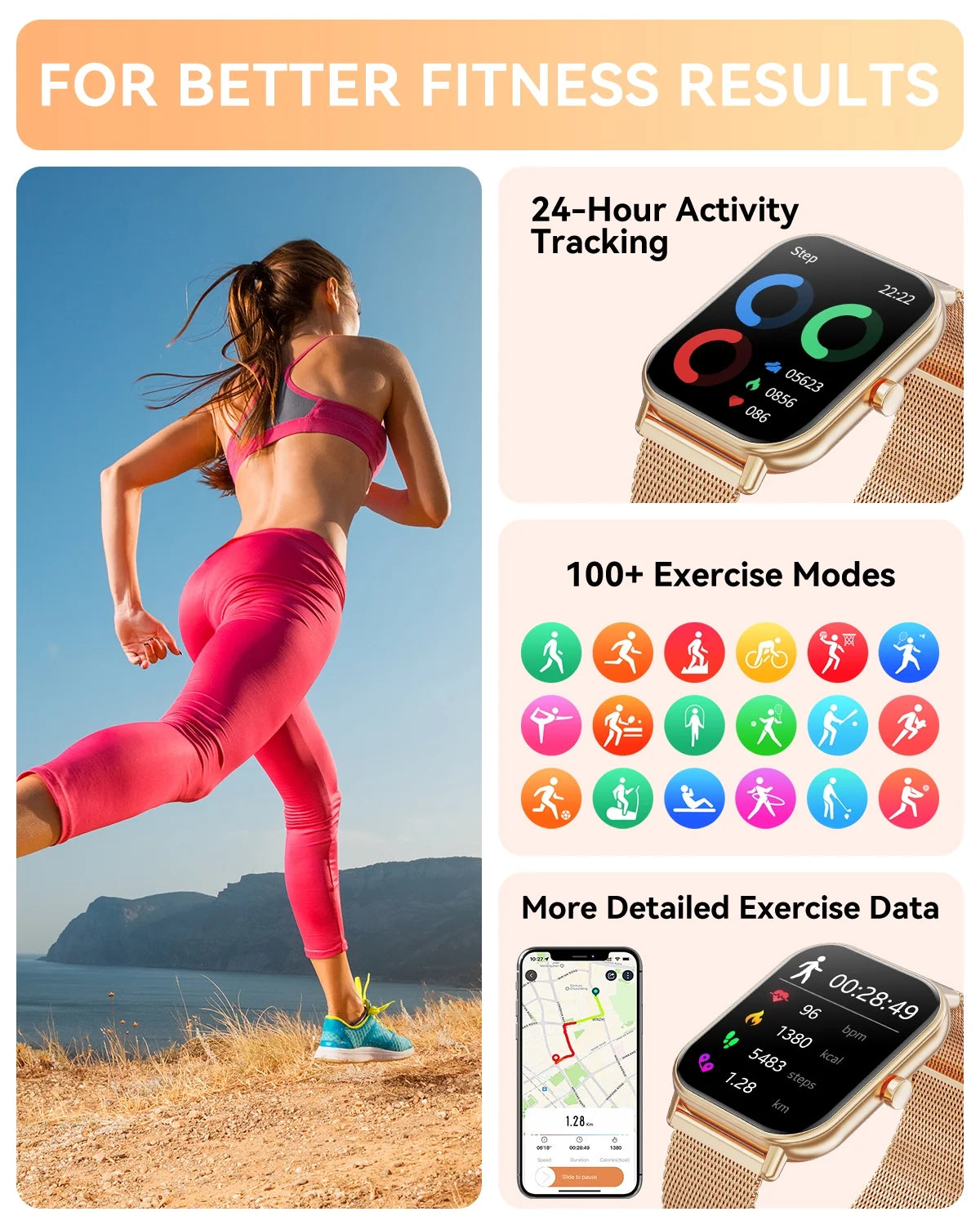 1.85″ Smartwatch, Multiple Sports Modes,Ip67 Waterproof Smartwatch(Gold)