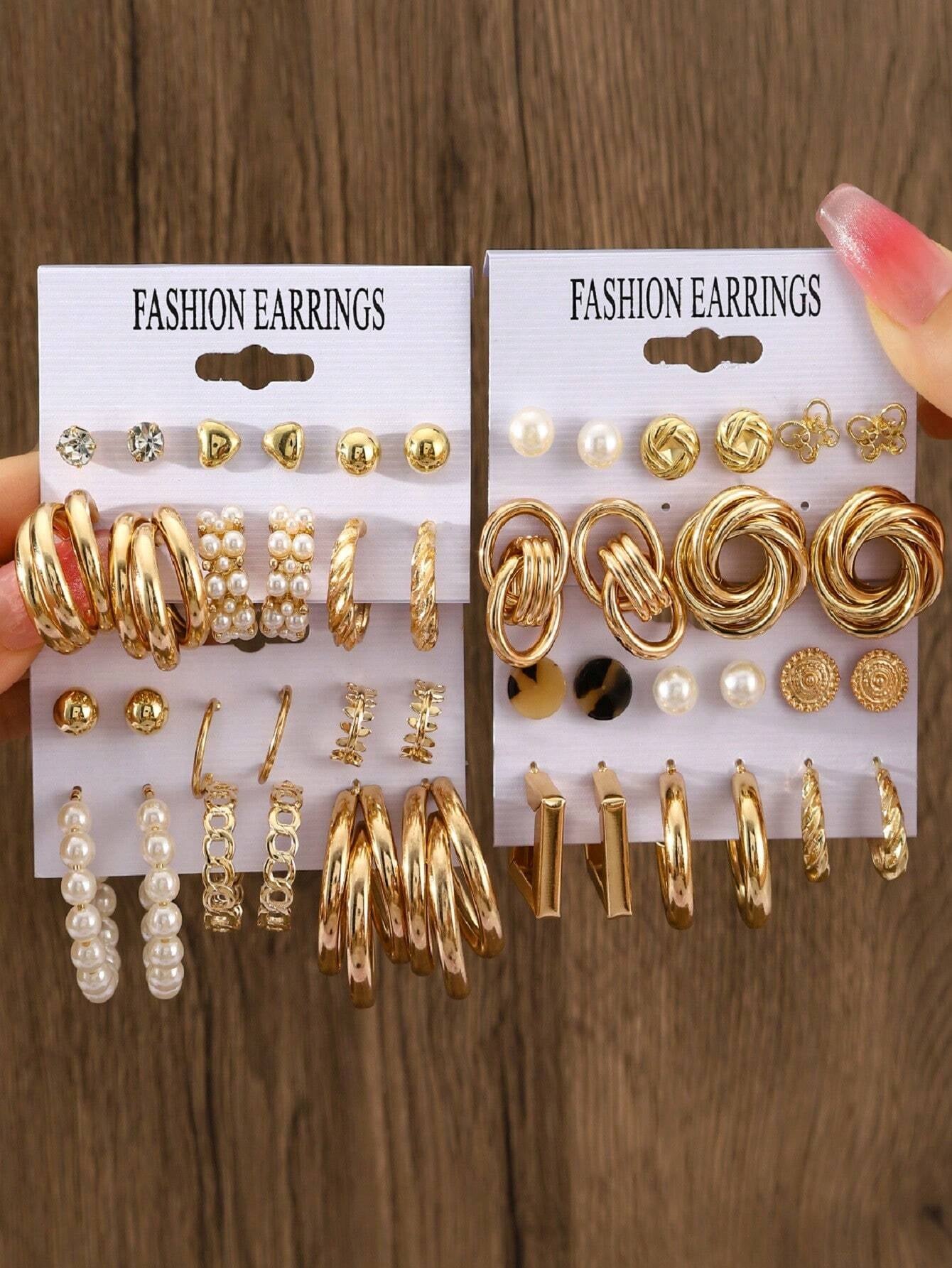 Geometric Design Gold-Color Earrings Set for Women with Faux Pearl Studs, Minimalist Jewelry Gift