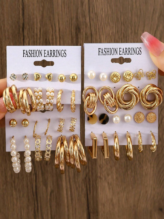 Geometric Design Gold-Color Earrings Set for Women with Faux Pearl Studs, Minimalist Jewelry Gift