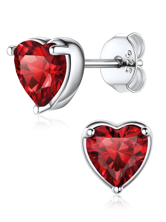 Platinum Heart Stud Earrings with Red Garnet Birthstone - Ideal Birthday Gift for Women