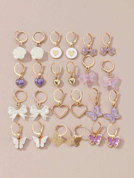 24Pcs Butterfly & Heart Shaped Earrings for Girls