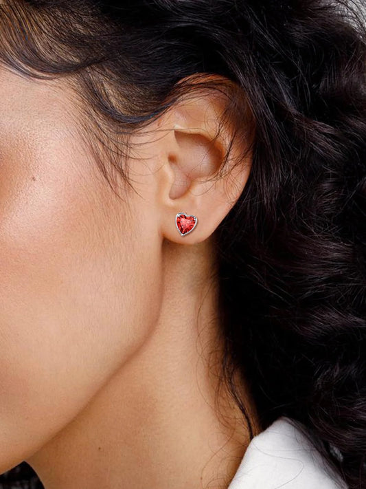 Platinum Heart Stud Earrings with Red Garnet Birthstone - Ideal Birthday Gift for Women