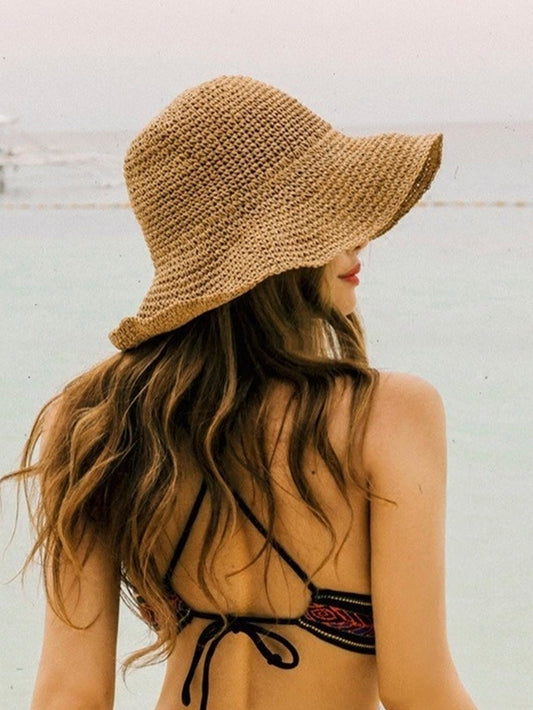 1Pc Women Stay Cool and Protected in the Sun: Solid UV Protection Straw Hat for Summer Beach Travel Boho