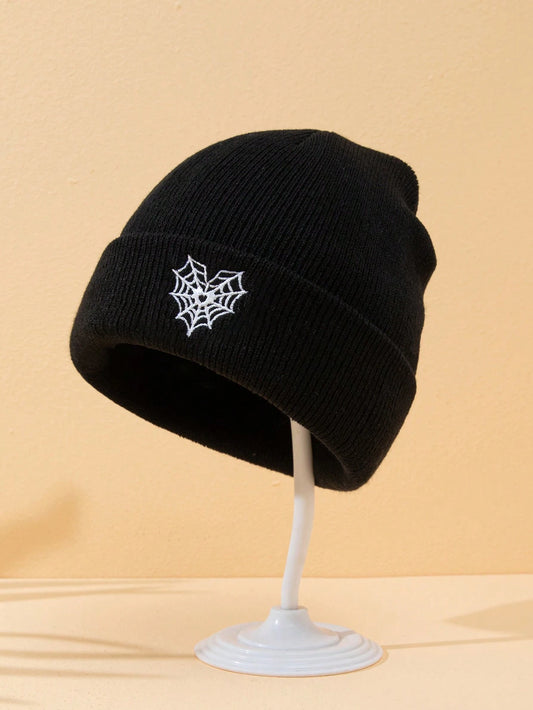 Street 1Pc Ladies Solid Color Spider Web Embroidery Knitted Hat with Heart Pattern, Suitable for Autumn and Winter Halloween