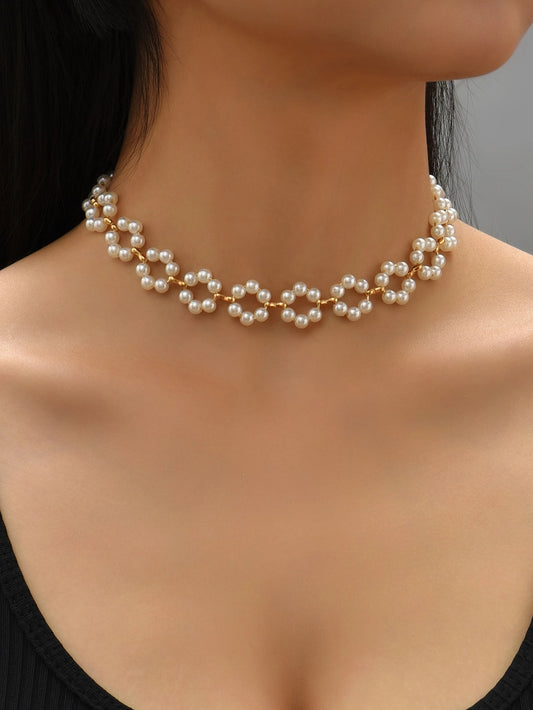 Faux Pearl Beaded Flower Decor Necklace Valentines,Mom,Mother,Mother'S Day,Gift