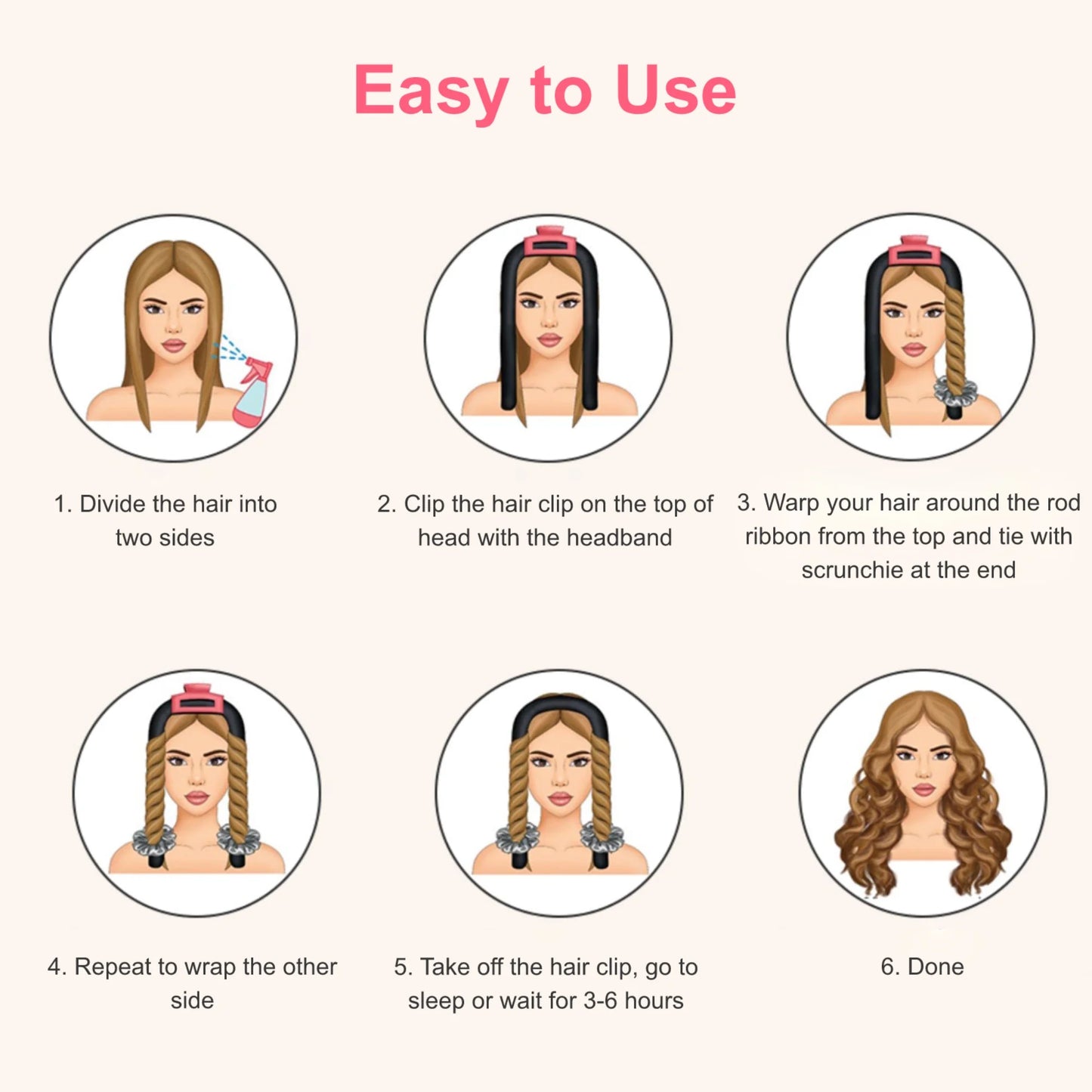 Heatless Curling Rod Headband,  Sleeping Hair Roller for Women, Heatless Hair Curler, Hair Curl Ribbon with Clips and Loops, Black/Pink/Leopard