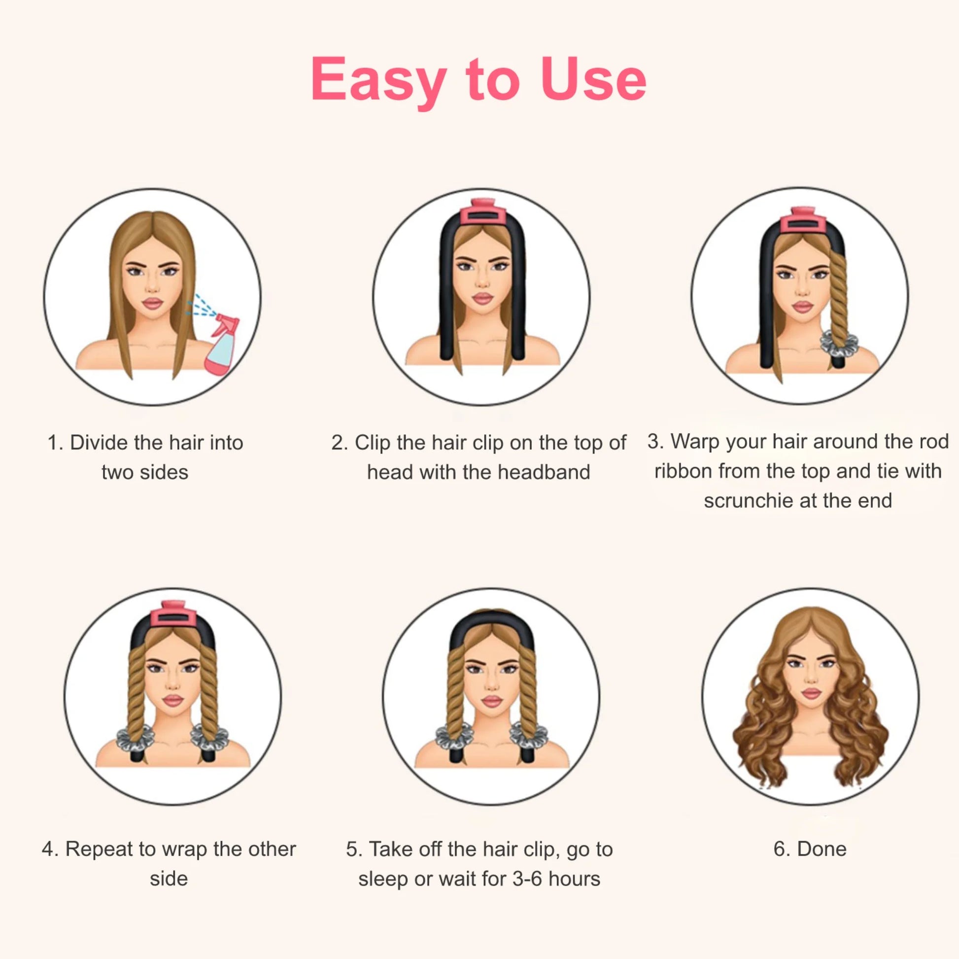 Heatless Curling Rod Headband,  Sleeping Hair Roller for Women, Heatless Hair Curler, Hair Curl Ribbon with Clips and Loops, Black/Pink/Leopard