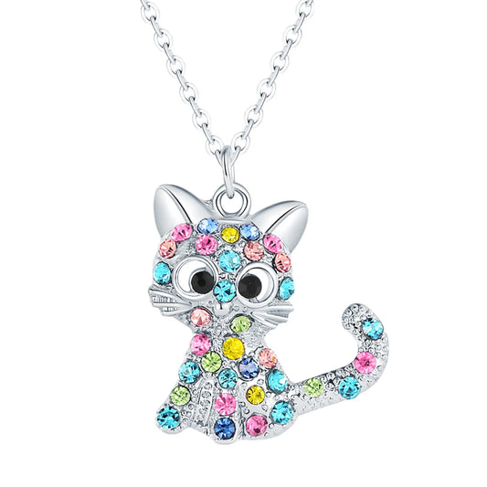Ladies Sterling Silver Jewelry Cat Pendant Necklace Fashion Pet Cat Pendant Color Diamond Hollow Clavicle Necklace Multicolor