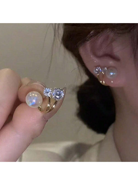 1Pair Fashionable European & American Style Faux Pearl Earrings with Rhinestone Detail & Unique Back Design, Elegant Ear Jewelry for Women'S Daily Wear