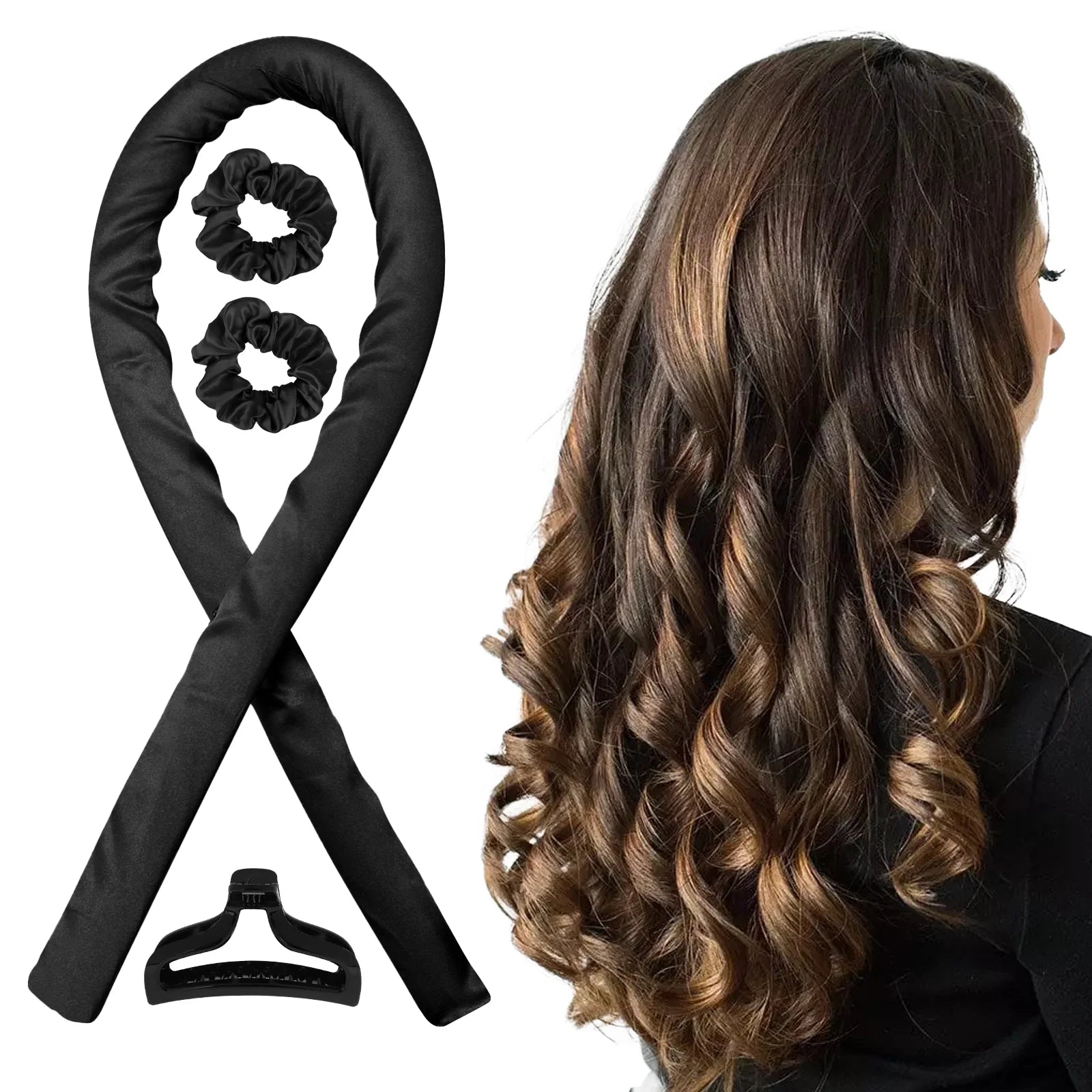 Heatless Curling Rod Headband,  Sleeping Hair Roller for Women, Heatless Hair Curler, Hair Curl Ribbon with Clips and Loops, Black/Pink/Leopard